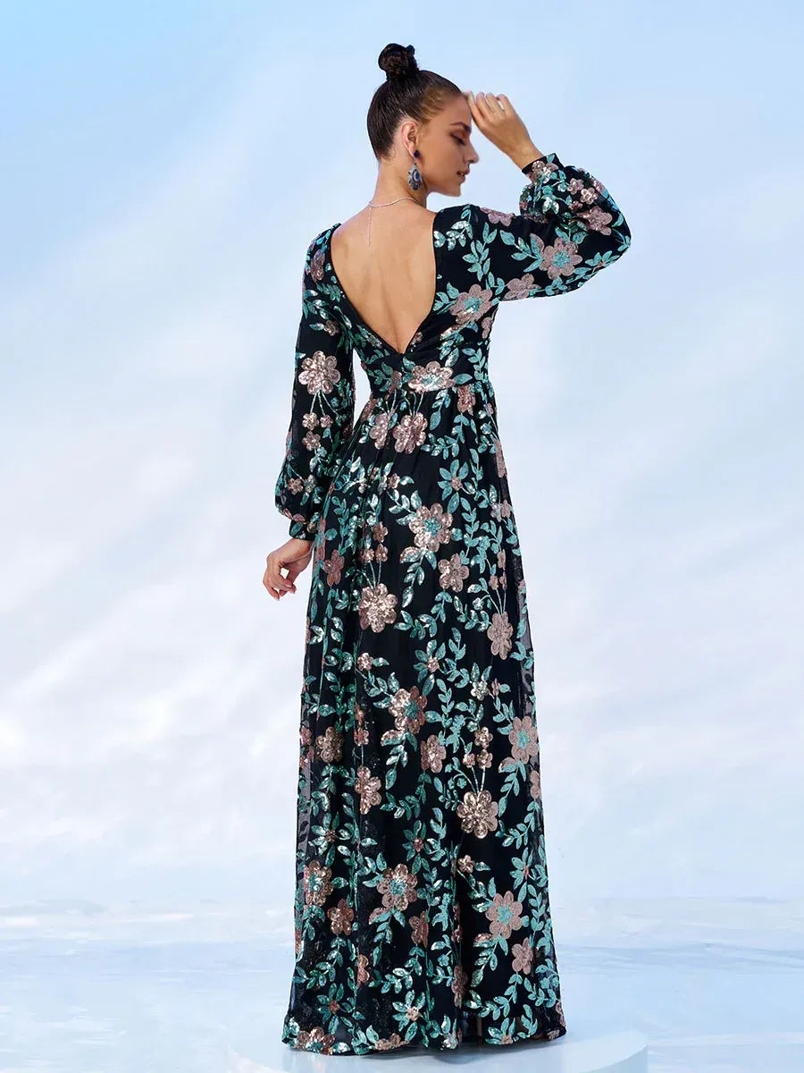 Luxury A-Line V-Neck Long sleeves Backless Floor-Length Prom Dress